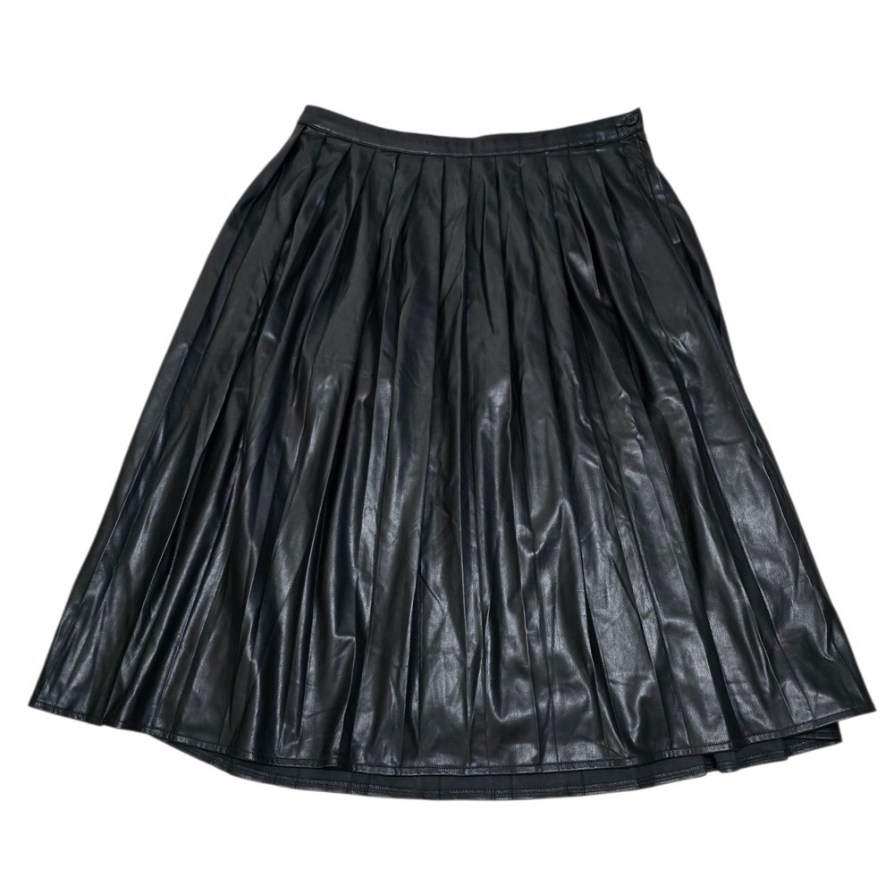 ModCloth Black Faux Leather Pleated Midi‎ Pull-on Skirt Size L